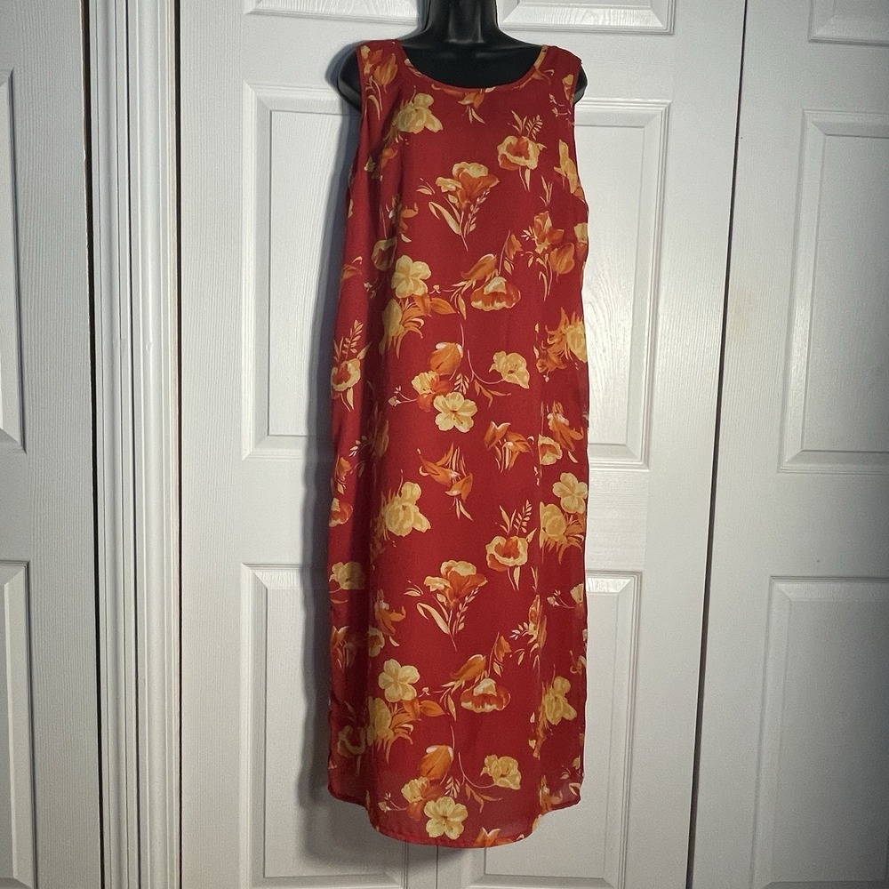 Vintage R&K Originals Dress Women Petite 14 Red Yellow Y2K Floral Sleeveless Tie